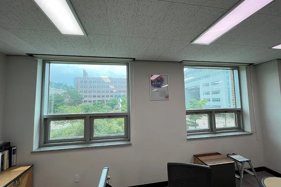 안전필름 시공을 마친 사무실 창호와 채광이 유지된 실내 전경